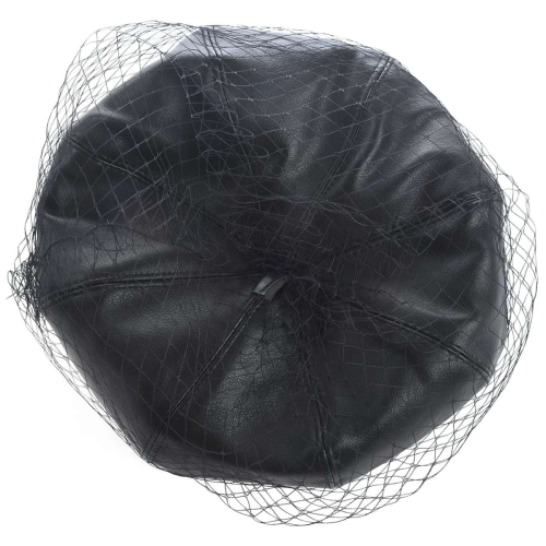 Black Leather Beret With Veil Mesh Show Double Layer Women Beret 1