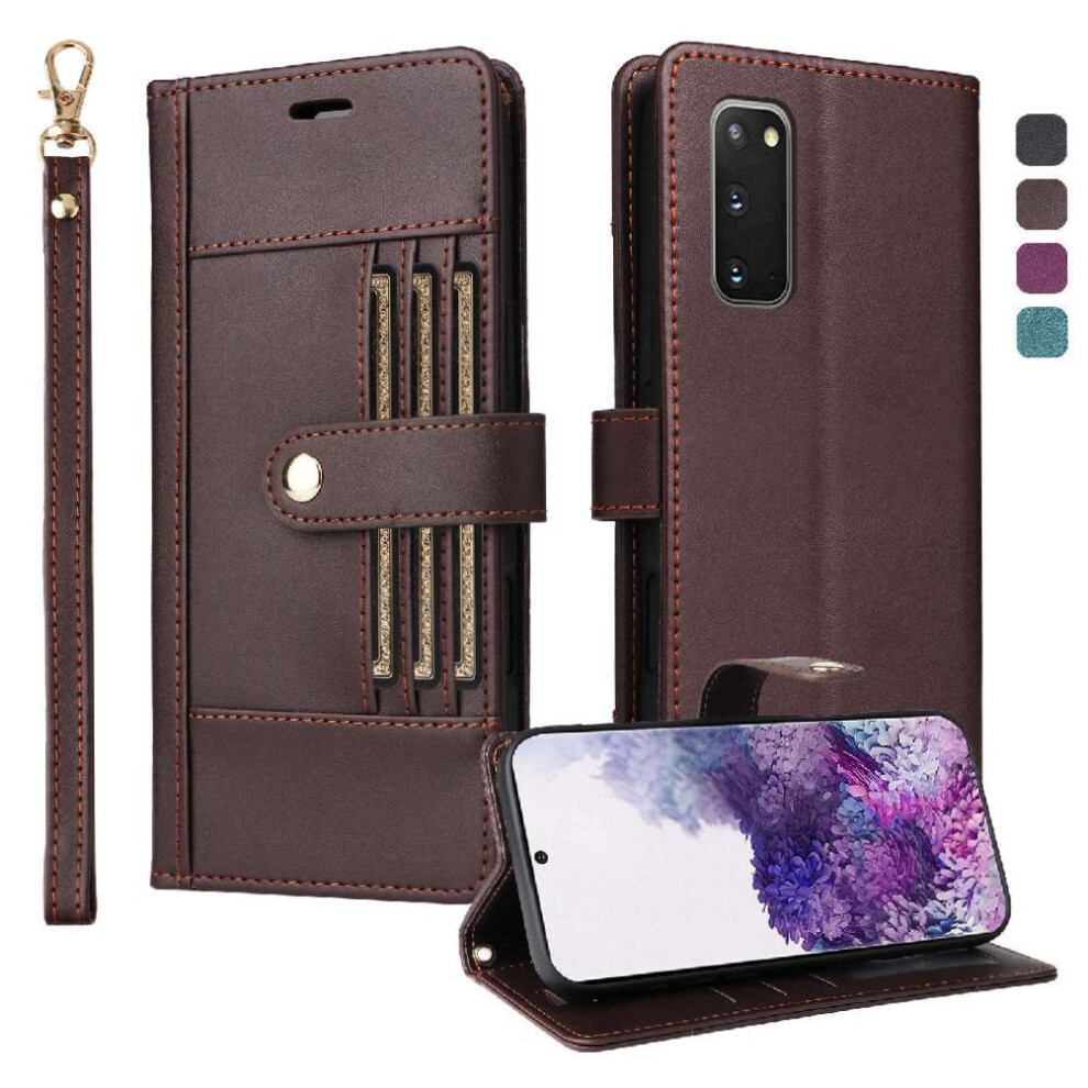 (Brown) Flip Case For Samsung Galaxy S20 Magnetic Closure Shockproof Functional Wallet Wrist Strap Rfid Blocking Brown 764563142132