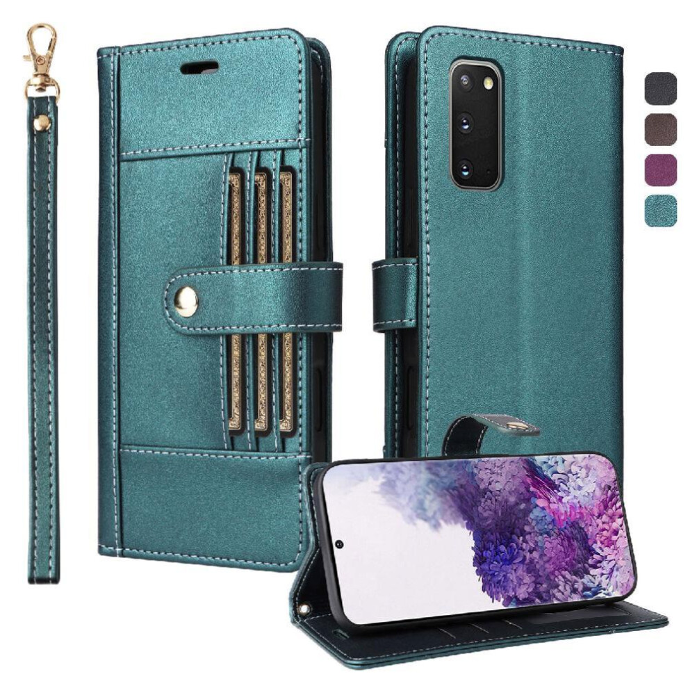 (Green) Flip Case For Samsung Galaxy S20 Magnetic Closure Shockproof Functional Wallet Wrist Strap Rfid Blocking Green 764563142156