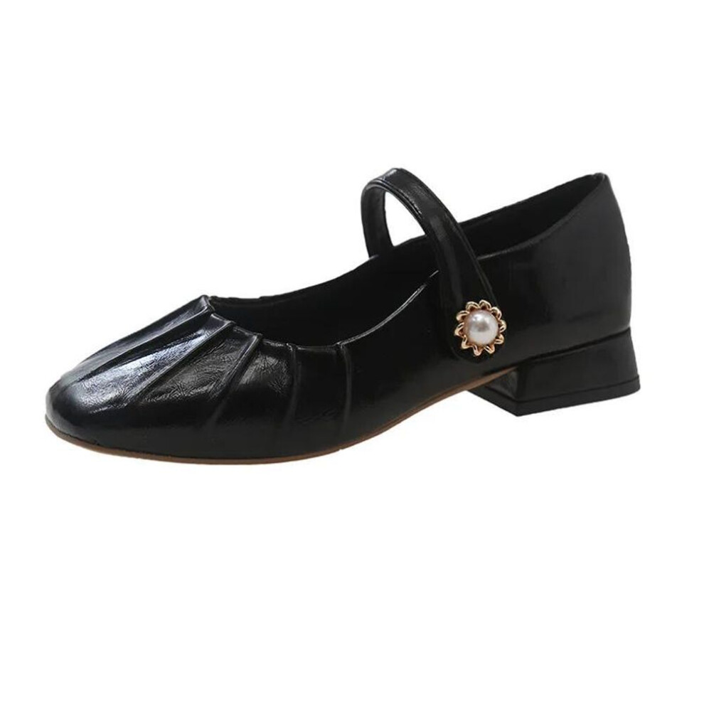 (black, 36) Mary Jane Shoes Glossy Leather Ballet Flats  Fashion Pleated Low Heel Single Shoes For Women Soft Sole Casual Shoes Size 44