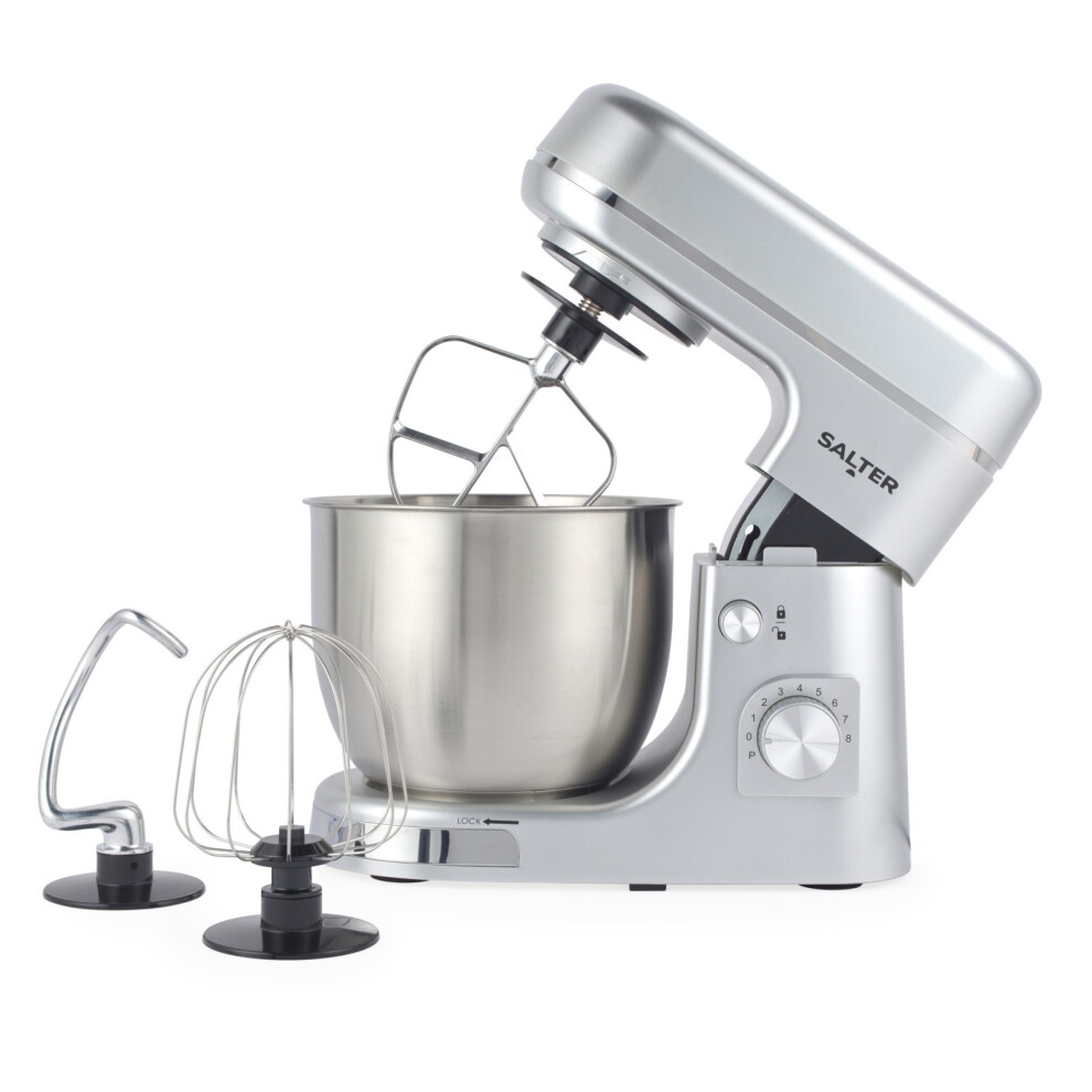 New Salter Aspen Electric Stand Mixer 8 Speeds Stainless Steel 5L Mixing Bowl Silver