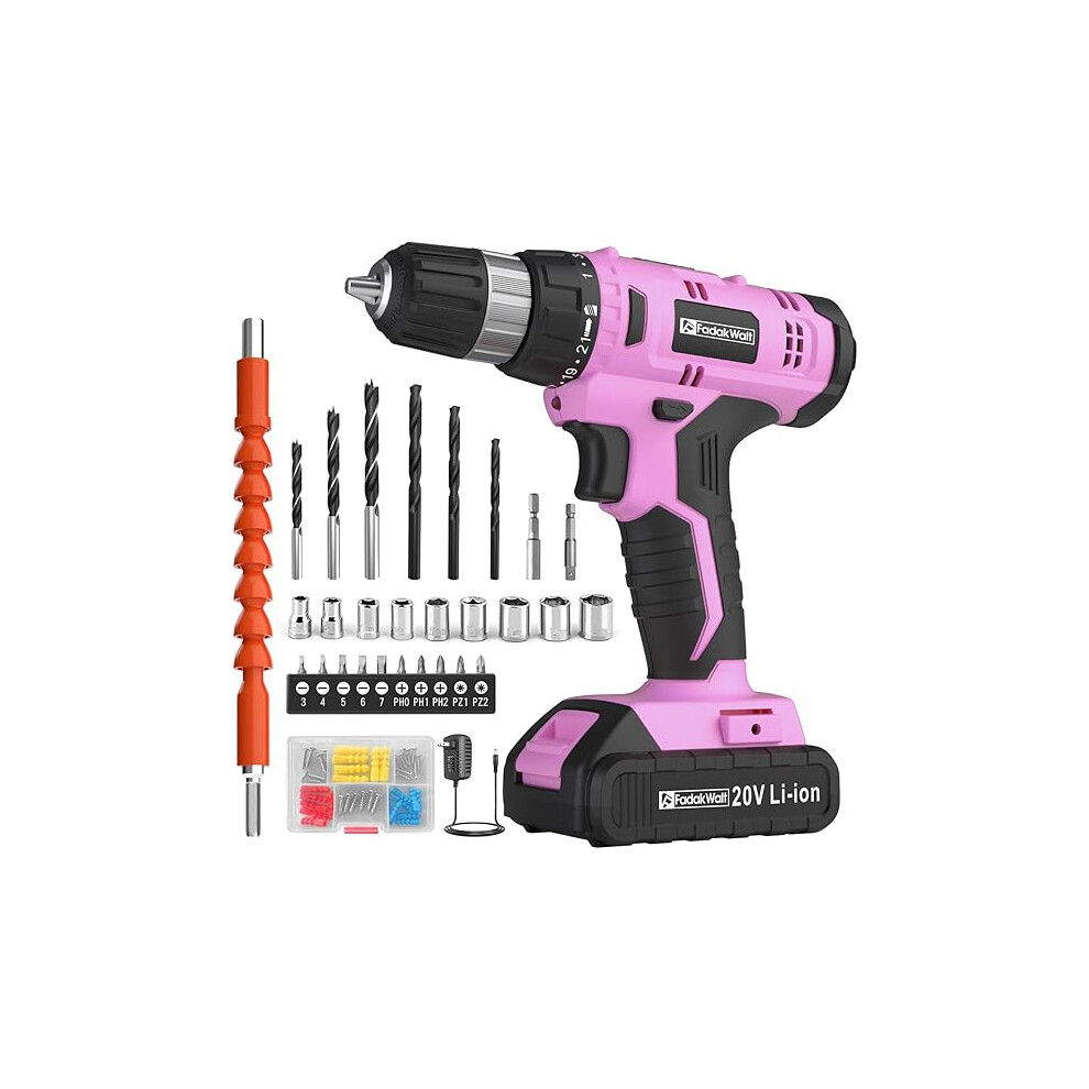 FADAKWALT 20V Cordless Drill Set,Powerful Drill bit Sets,Torque 30N,21+1 Torque Setting,3/8â inch Keyless Chuck, 40pcs,Electric Drill