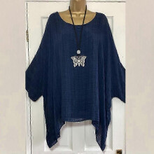 (dark blue, S) Women's Big Size Loose Cotton Linen Nine Sleeve Top T-shirt