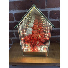 (Default) CHRISTMAS LIGHT UP BAUBLE GLASS HOUSE INFINITY LED LIGHT WITH RED AND SILVER TONES. SIZE 21.5CM X 14CM X 6CM. BOXED ITEM