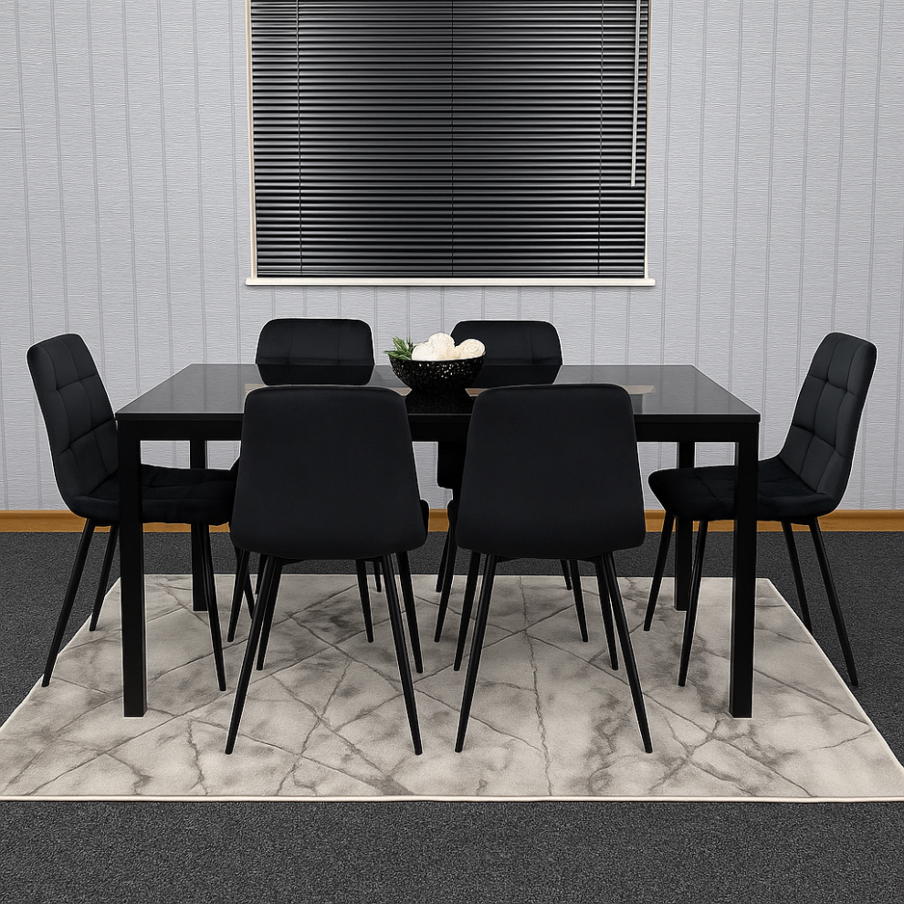 Dining Table and 6 Chairs Black Glass 6 Velvet  Chairs  Dining Room Furniture-image-OPC-PJ8V2JP-NEW