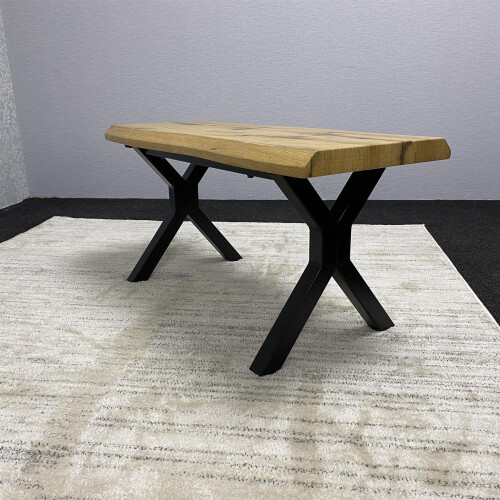 Durable Wooden Bench with X-Shaped Iron Legs, Curved Edge for Dining, Work, or Study 2