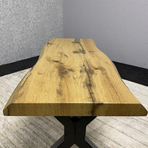 Durable Wooden Bench with X-Shaped Iron Legs, Curved Edge for Dining, Work, or Study 1