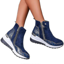 (Blue,42)Women Wedge Ankle Boots Zip High Top Sneakers Trainers Shoes