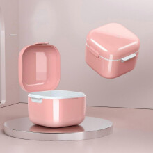 (Pink) Denture Case Denture Bath Box Case Dental Orthodontic Retainer False Teeth Storage Case Box With Strainer Denture Cups For Soaking Dentures