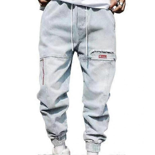 (XL, light blue) Men Harem Pants Drawstring Elastic Waist Ankle-banded Pockets Solid Color Plus Size Loose Hip