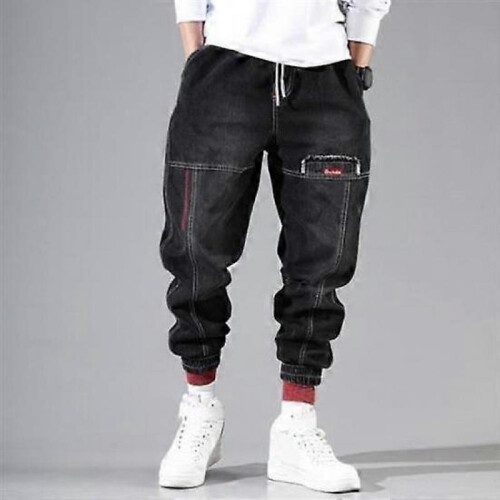 (L, black) Men Harem Pants Drawstring Elastic Waist Ankle-banded Pockets Solid Color Plus Size Loose Hip 1
