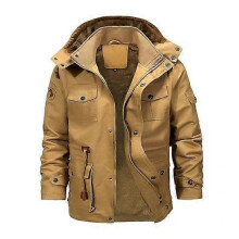 (2XL, khaki) Men Winter Solid Color Jacket Coat Detachable Hooded Stand Collar Long Sleeve Fleece Lining Multi Pockets Zipper Placket Outwear