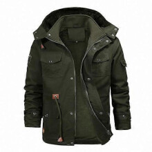 (2XL, green) Men Winter Solid Color Jacket Coat Detachable Hooded Stand Collar Long Sleeve Fleece Lining Multi Pockets Zipper Placket Outwear