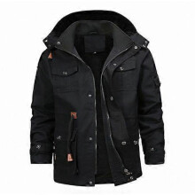 (3XL, black) Men Winter Solid Color Jacket Coat Detachable Hooded Stand Collar Long Sleeve Fleece Lining Multi Pockets Zipper Placket Outwear
