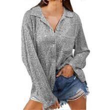 (M, grey) Women Shirt Shiny Sequin Soft Lapel Loose Solid Color Cardigan Single-breasted Performance Club Party Lady Top