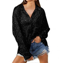 (L, black) Women Shirt Shiny Sequin Soft Lapel Loose Solid Color Cardigan Single-breasted Performance Club Party Lady Top