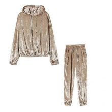 (M, dark khaki) 2 Pcs/Set Stylish Women Hoodie Sweatpants Set Solid Color Keep Warm Hat Casual Women Winter Tracksuit Women Clothes