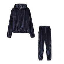 (L, dark blue) 2 Pcs/Set Stylish Women Hoodie Sweatpants Set Solid Color Keep Warm Hat Casual Women Winter Tracksuit Women Clothes