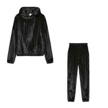(L, black) 2 Pcs/Set Stylish Women Hoodie Sweatpants Set Solid Color Keep Warm Hat Casual Women Winter Tracksuit Women Clothes
