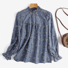 (L, blue) ZANZEA Women Fashion Stand Collar Long Sleeve Floral Printed Casual Blouse