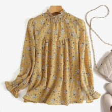 (4XL, yellow) ZANZEA Women Fashion Stand Collar Long Sleeve Floral Printed Casual Blouse