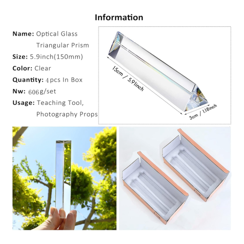 4 peças de lente óptica transparente de vidro triangular de 6 polegadas 2