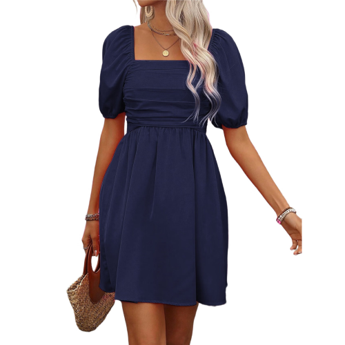 Women'S Puff Short Sleeve Boho Dress Square Neck S 2