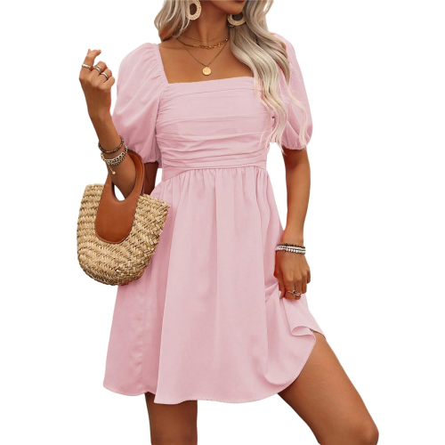 Women'S Puff Short Sleeve Boho Dress Square Neck S 2