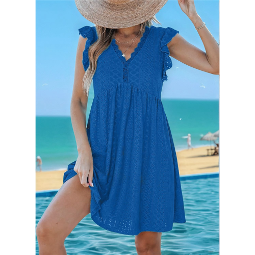 Abito cardigan a maniche corte con scollo a V e pizzo blu 2