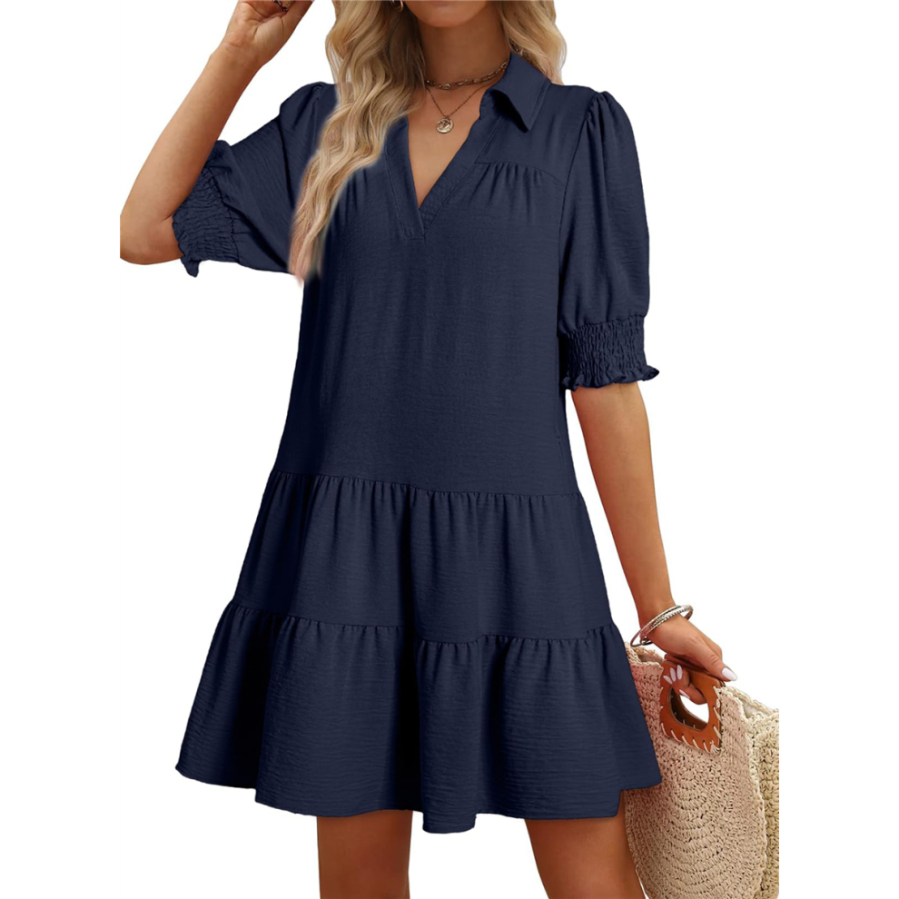 Robe plissée à manches mi-longues pour femme, bleu marine, taille L