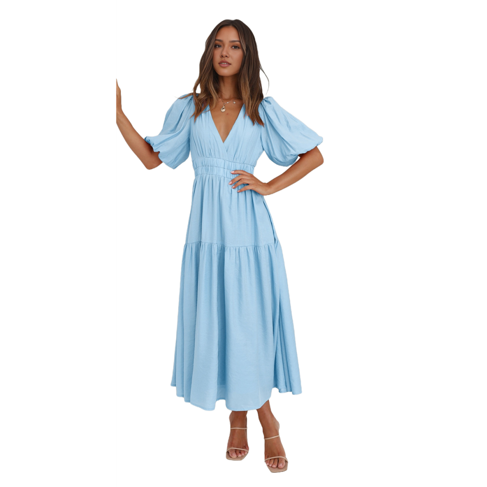 Vestido De Mujer Con Escote En V Profundo, Manga Corta Abullonada Y Capas-image