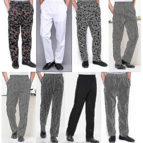 (XL,5)Men Stripe Plaid Chili Printed Hotel Restaurant Kitchen Chef Work Long Pants 1