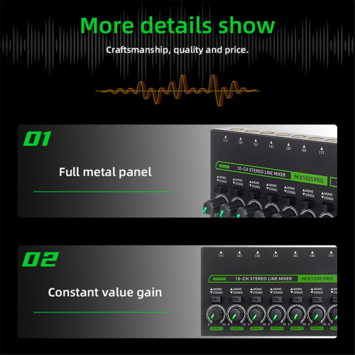 Mixer de som profissional de 10 canais com LED de baixo ruído 1