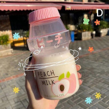 (Transparent pink peach) 480ml Plastic Water Bottle Drinking Bottle Shape Cute Kawaii Milk Shaker Bottle
