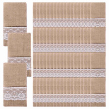 75Pcs Burlap Lace Cutlery Pouch Rustic Wedding Tab