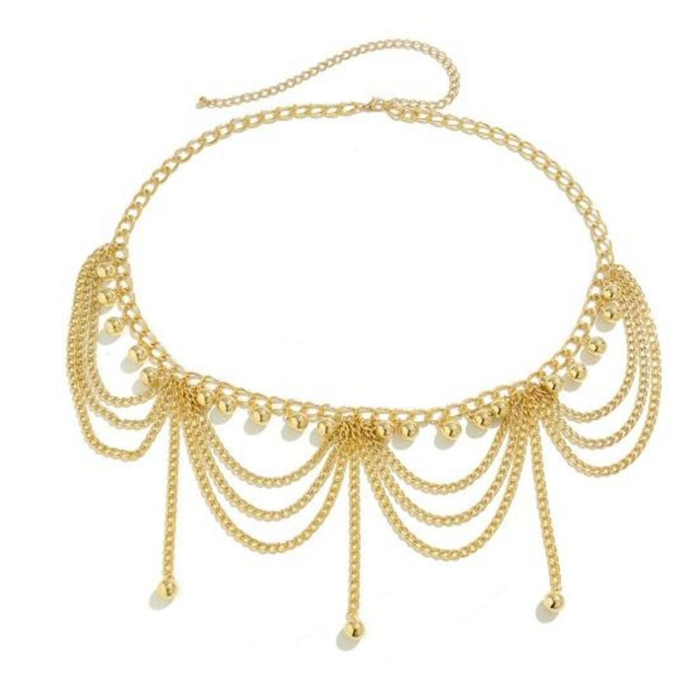 (B) Metallic Solid Color Waist Chain Heart Pendant Multi Layer Tassel Geometric Pattern