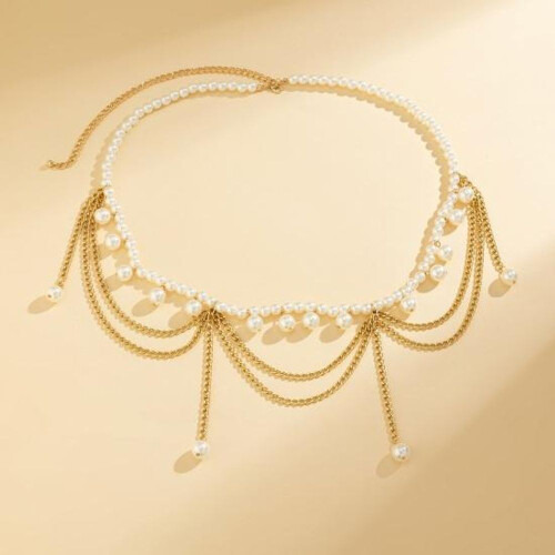 (C) Metallic Solid Color Waist Chain Heart Pendant Multi Layer Tassel Geometric Pattern 2