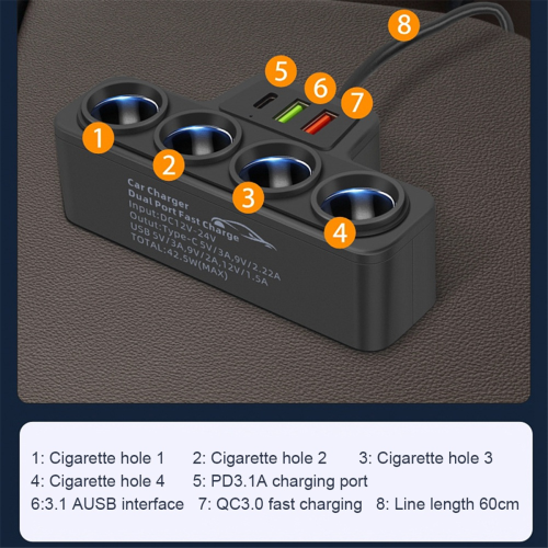 4-Socket Auto-aansteker Splitter 12V-24V Telefoonvoeding 2