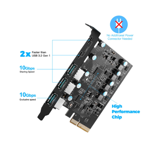 PCIe till USB 3.2 Gen 2-kort med 10 Gbps bandbredd, 5 portar 2