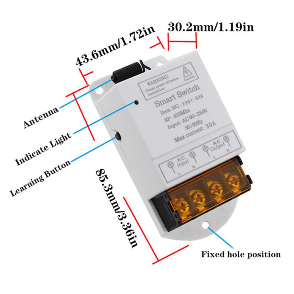 433Mhz Wireless Remote Switch Ac 110V/120V/220V/ 30A 1Ch Relay 4711624710829