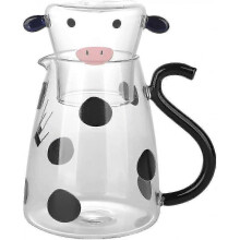 Glass Water Jug with Tumbler 500ml V-shaped Spout Heat Resistant Cute Clear Cow Glass Pitcher Portable Bedside All In One Carafe