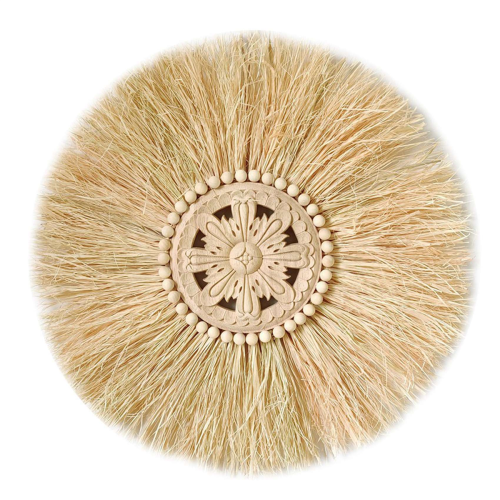 Boho Handmade Woven Straw Wall Decor Wood Beads Wall Hanging D 1