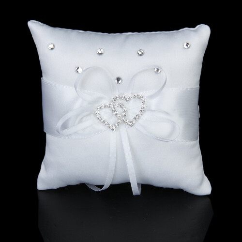 White Double Heart Rhinestone Ring Pillow Ring Bearer Cushion 1