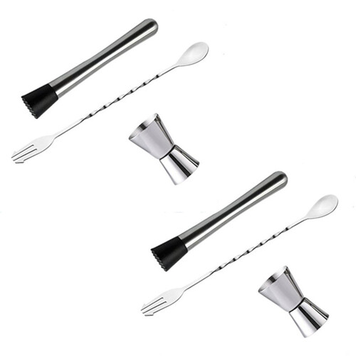 2X Stainless Steel Cocktail Muddler, Mixing Spoon, Jigger Set