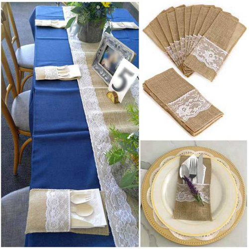 100Pc Burlap Lace Cutlery Pouch Tableware Knife Fork Holder Bag 2
