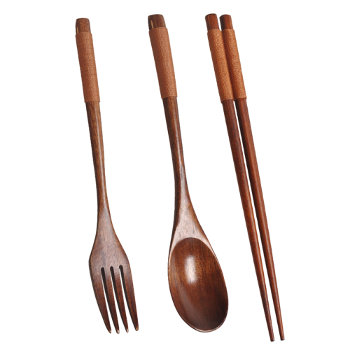 Wooden Flatware Set, Spoon Fork Chopsticks with Khaki Twining Thread 1