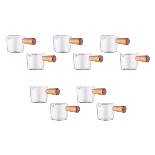 10PCS Transparent Glass with Wooden Handle, Creamer Pitcher. 100Ml