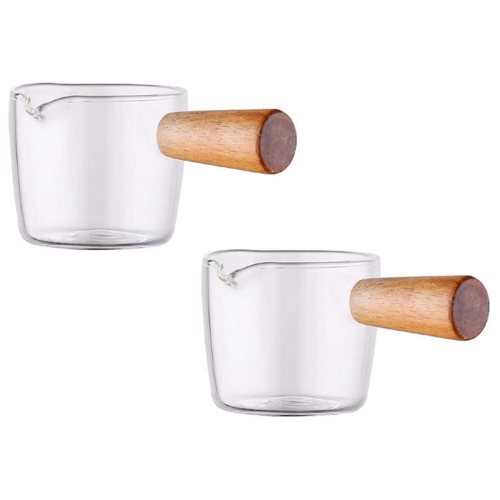 10PCS Transparent Glass with Wooden Handle, Creamer Pitcher. 100Ml 1