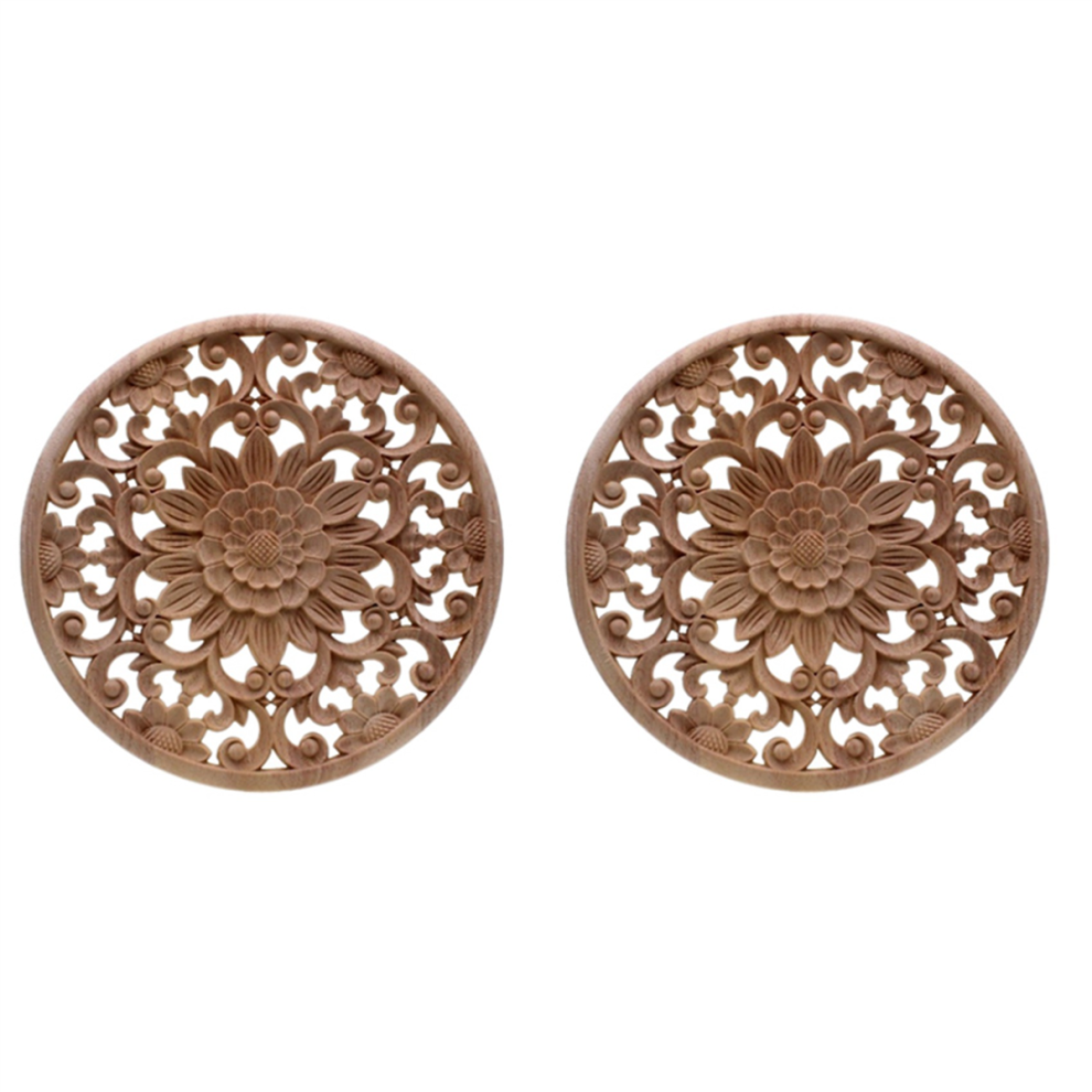 Carved Flower Carving Round Wood Appliques Figurine 15x15x0.8cm-image-OPC-PJ8ZF5T-NEW