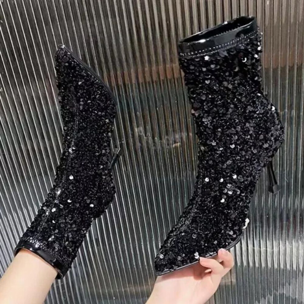 (black, 35) Fashion Luxury Glitter Ankle Boots Women High Heel Bling Sexy Pointed Toe Shoes Woman 2024 Trend Elegant Party Dress Chelsea Botas Mujer